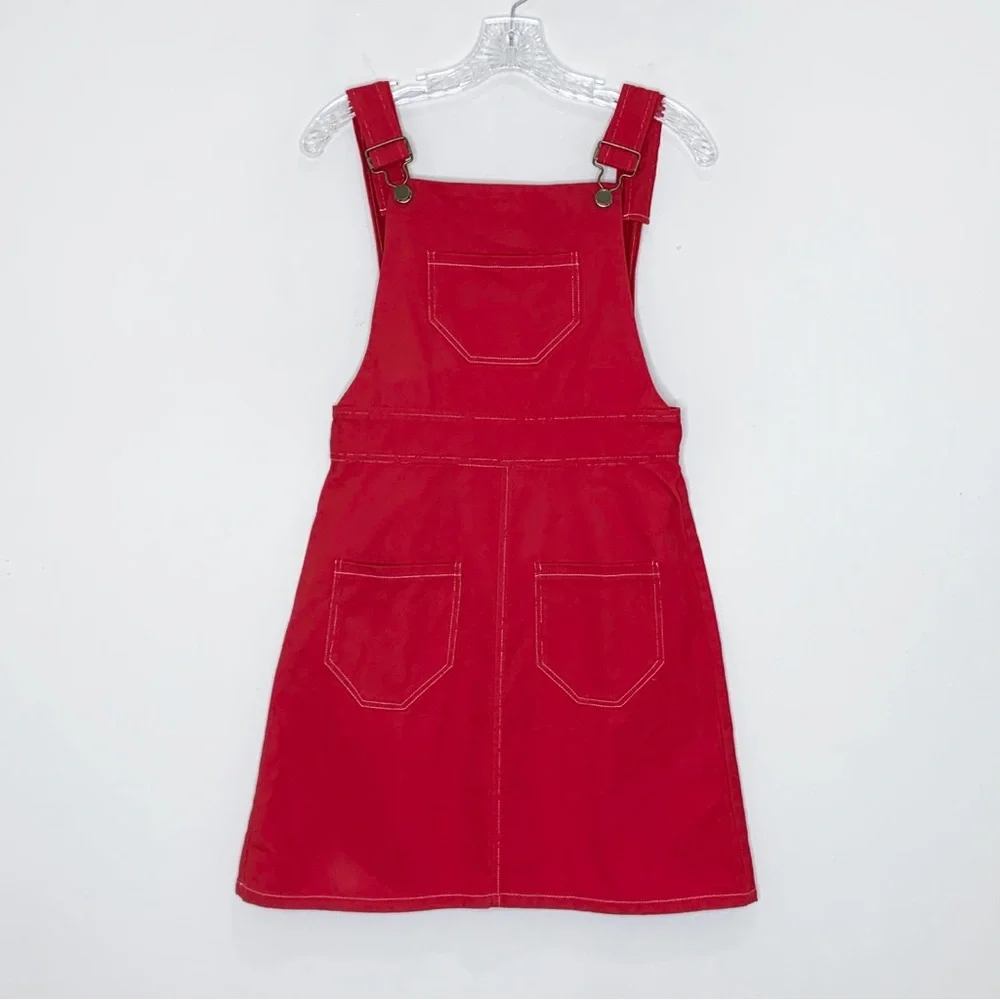 Lykke Wullf Anita Overall Mini Dress (Sz M) A-Line Patch Pocket Red Twill Cotton - Picture 5 of 16